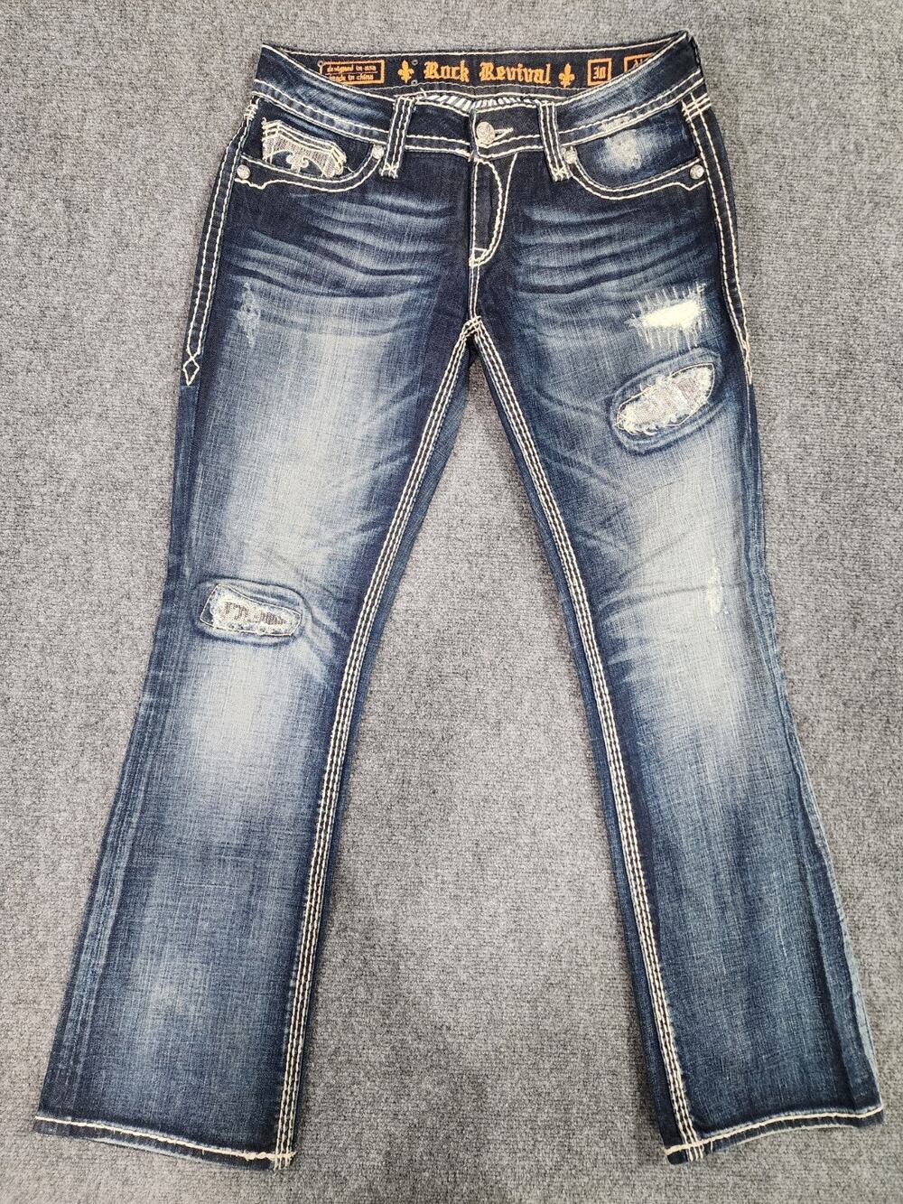 Y2K-2014 Rock Revival Alanis Size 30 Bootcut Jeans Distressed Sequin Patchwork